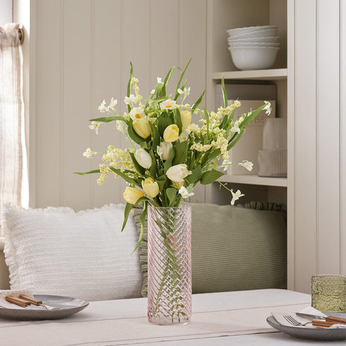 Butter Yellow Tulip & Daisy Artificial Bouquet with Blush Textured Glass Vase Bundle