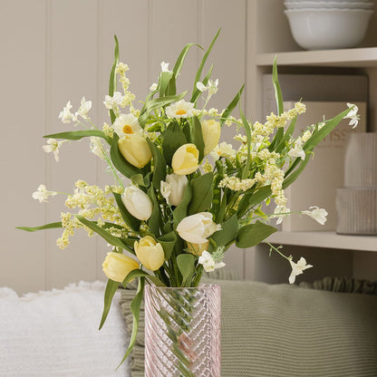 Butter Yellow Tulip & Daisy Artificial Bouquet with Blush Textured Glass Vase Bundle