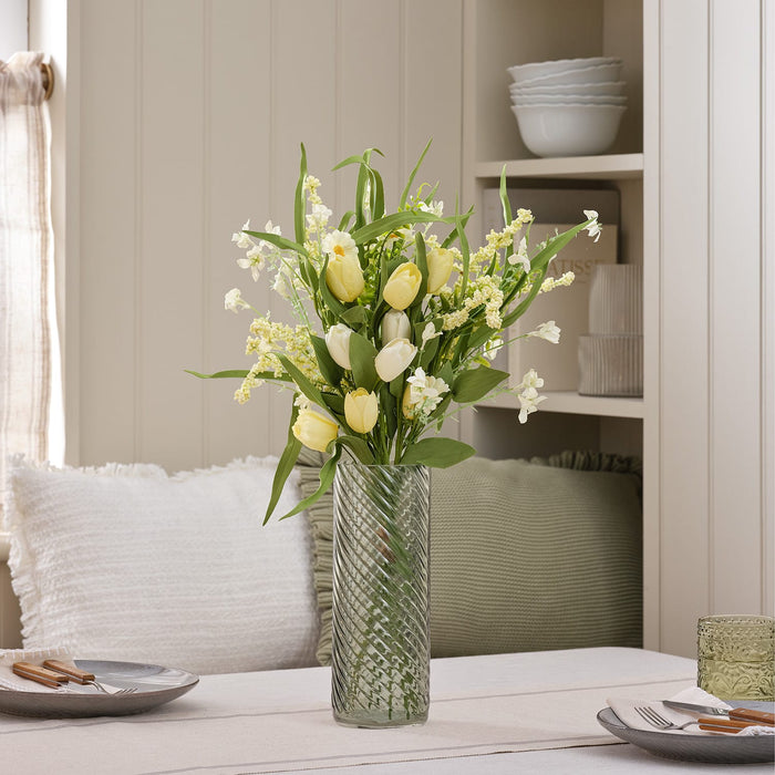 Butter Yellow Tulip & Daisy Artificial Bouquet with Green Textured Glass Vase Bundle