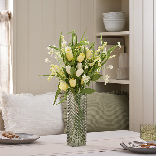Butter Yellow Tulip & Daisy Artificial Bouquet with Green Textured Glass Vase Bundle