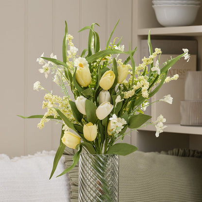 Butter Yellow Tulip & Daisy Artificial Bouquet with Green Textured Glass Vase Bundle