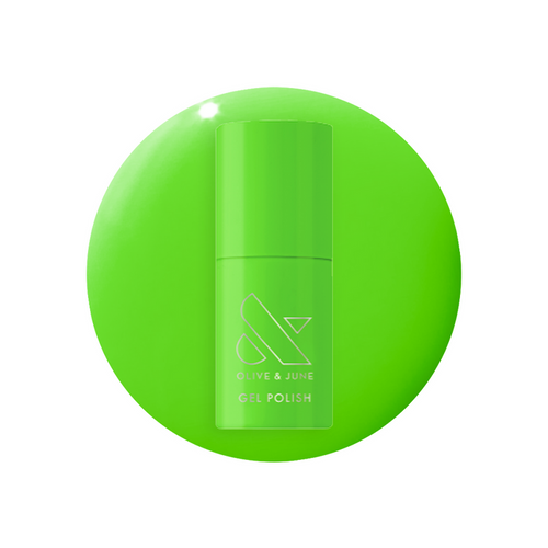 Cancel My Return Flight - Gel electric lime gel polish bottle on a matching bright green painted nail surface