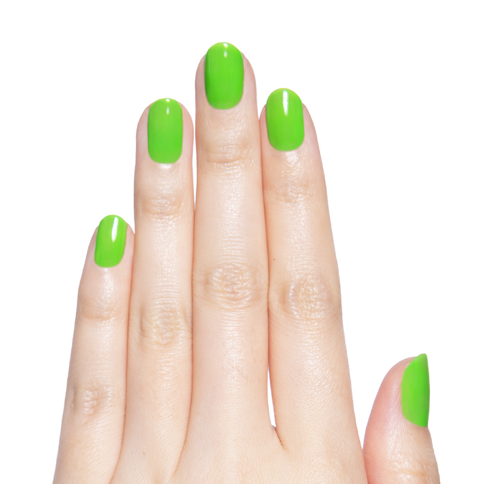 Cancel My Return Flight - Gel bright electric lime gel polish on natural nails with smooth glossy finish manicure