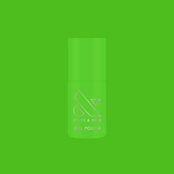 Cancel My Return Flight - Gel nail polish bottle in electric lime shade with Olive and June logo on vibrant background