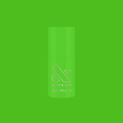 Cancel My Return Flight - Gel nail polish bottle in electric lime shade with Olive and June logo on vibrant background