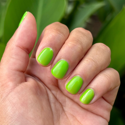 Cancel My Return Flight - Gel bright electric lime gel polish on natural nails with glossy smooth manicure finish