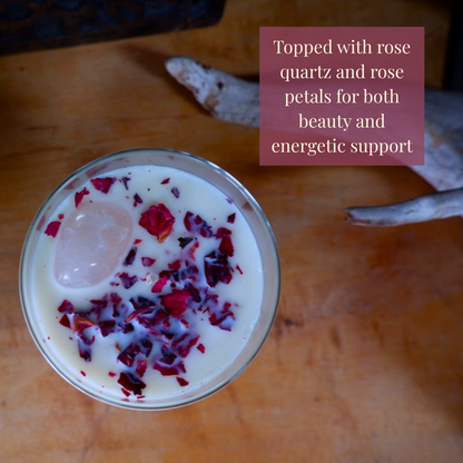 Candlestock Love Scented Soy Wax Candle – Patchouli & Clove Essential Oils – With Rose Quartz & Rose Petals