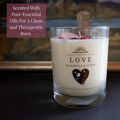 Candlestock Love Scented Soy Wax Candle – Patchouli & Clove Essential Oils – With Rose Quartz & Rose Petals