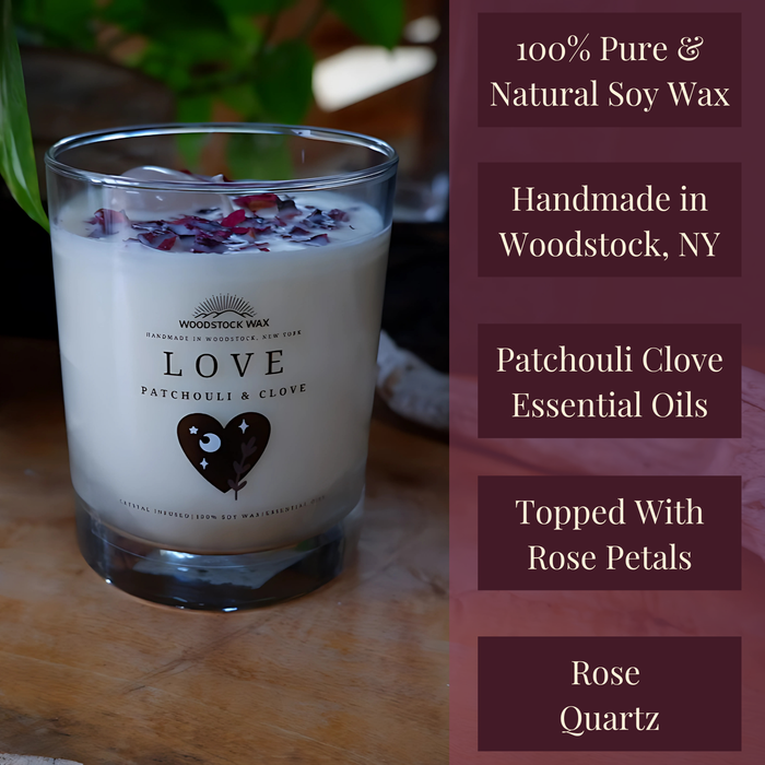 Candlestock Love Scented Soy Wax Candle – Patchouli & Clove Essential Oils – With Rose Quartz & Rose Petals