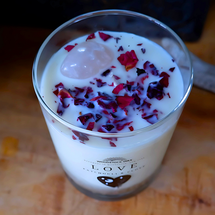 Candlestock Love Scented Soy Wax Candle – Patchouli & Clove Essential Oils – With Rose Quartz & Rose Petals