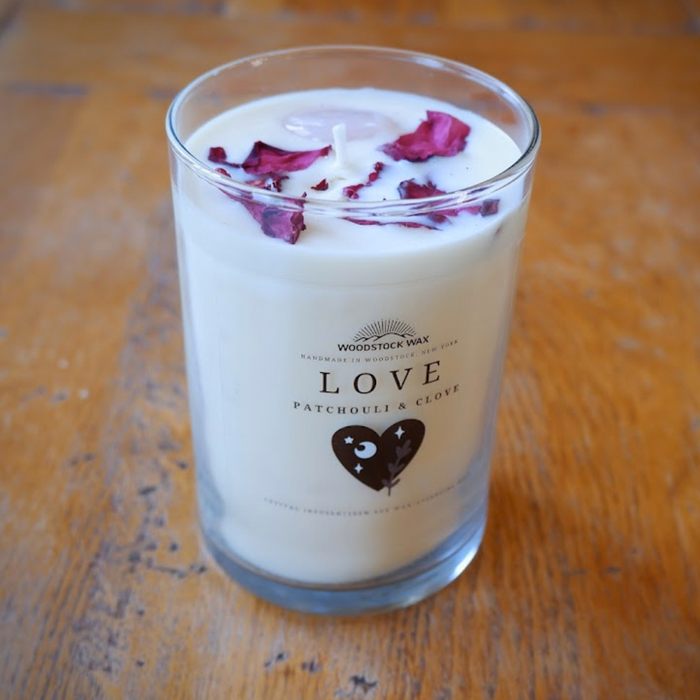 Candlestock Love Scented Soy Wax Candle – Patchouli & Clove Essential Oils – With Rose Quartz & Rose Petals