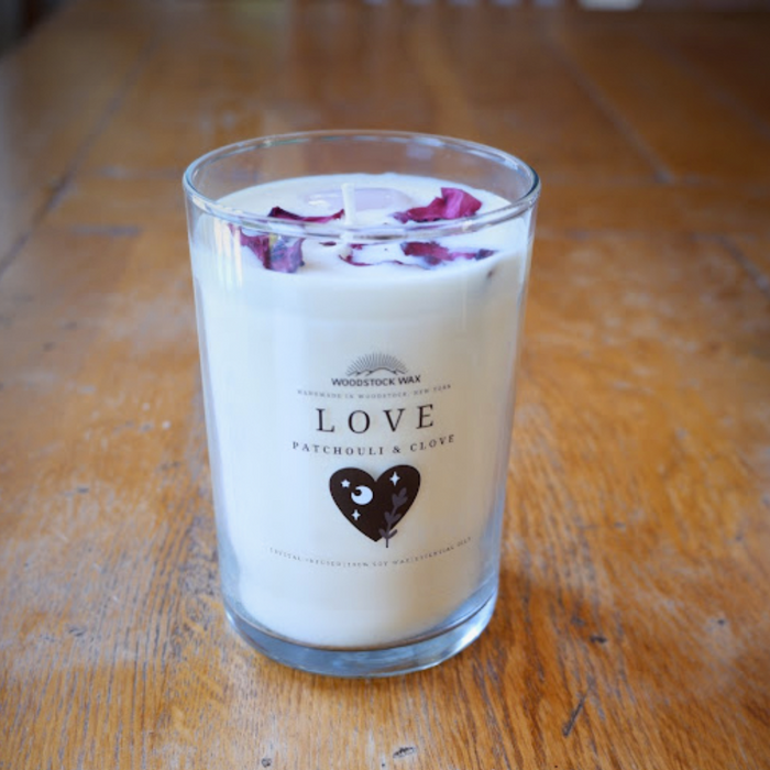Candlestock Love Scented Soy Wax Candle – Patchouli & Clove Essential Oils – With Rose Quartz & Rose Petals