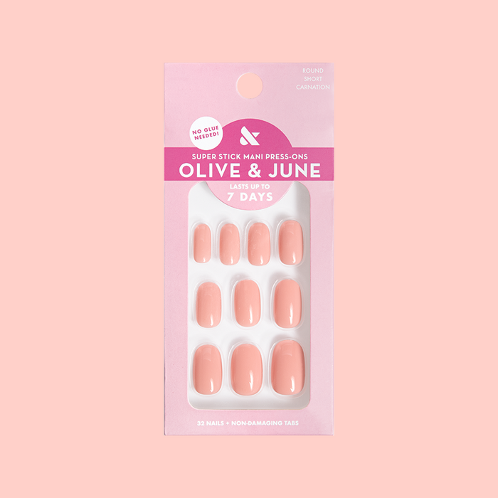 Pack of Carnation | Short | Round - Tab Press-On nails in soft pink for a quick, easy, and long-lasting at-home manicure.