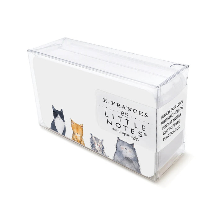 Clear acrylic note box with cat illustrations and E. Frances Little Notes label