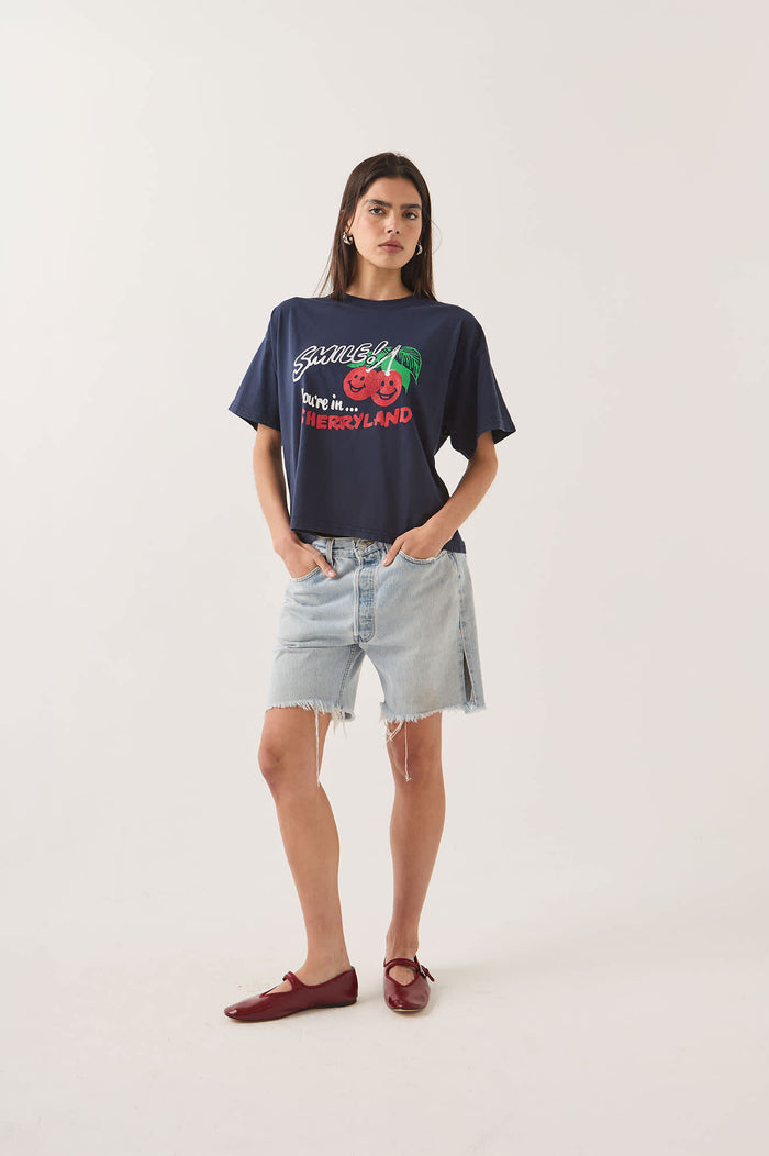 Women's Cherryland Boxy Cropped Crew in the color Washed Navy - Women's Front View