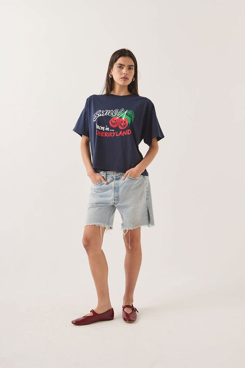 Women's Cherryland Boxy Cropped Crew in the color Washed Navy - Women's Front View