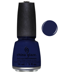 A bottle of China Glaze nail varnish in blue color with a brush applicator and a swatch of the color beside it.