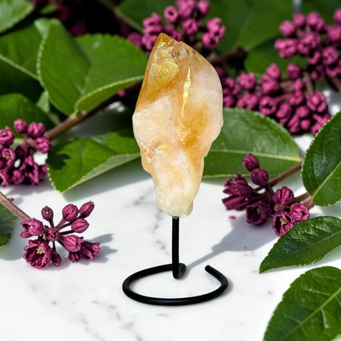 Citrine on a stand with purple flowers and green leaves in the background