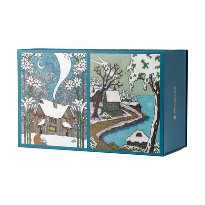 Immerse yourself in the Cj Hurley: Snowy Cabins | 120 Piece Double-Sided Jigsaw Puzzle Set from Pomegranate, beautifully packaged in an illustrated box depicting winter and spring cottage scenes with snowy trees, a crescent moon, and a winding path along a river under a blue sky—an ideal choice for fans of winter cottage puzzles or collectors of CJ Hurley’s art.