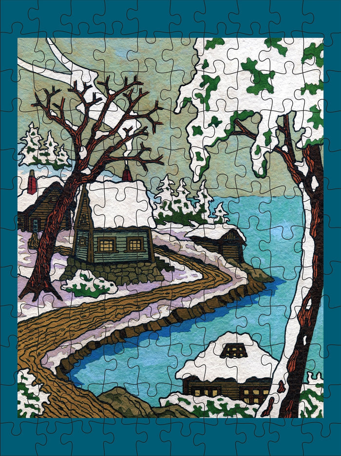 Cj Hurley: Snowy Cabins | 120 Piece Double-Sided Jigsaw Puzzle Set