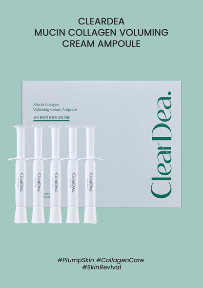ClearDea Mucin Collagen Voluming Cream Ampoule packaging on a light green background