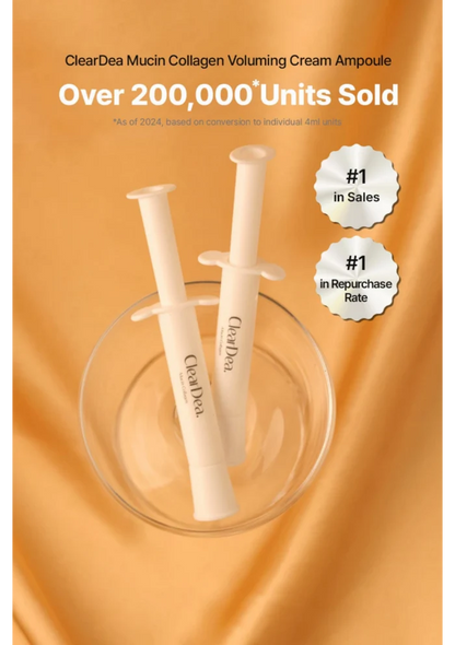 Two ClearDea Mucin Collagen Voluming Cream ampoules displayed in a clear glass bowl against a warm peach satin background, with promotional text and badge overlays.