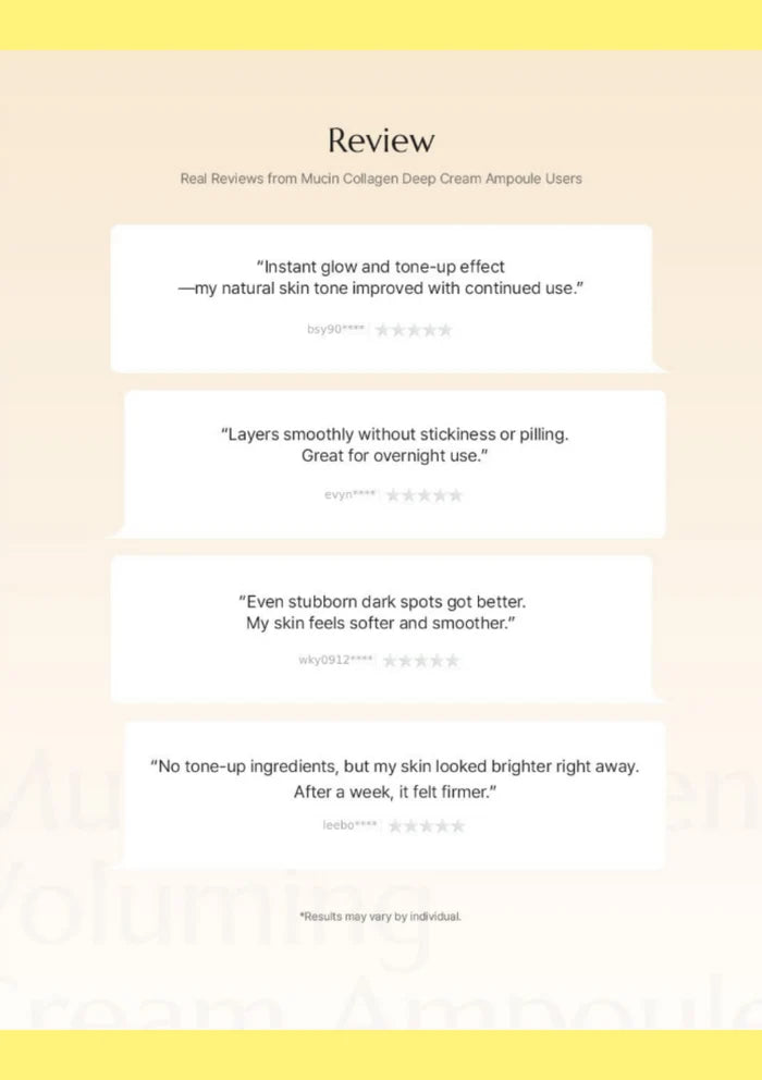 A digital graphic displaying four user reviews for a muscle collagen deep cream ampoule, set against a pale peach background with yellow borders at the top and bottom.
