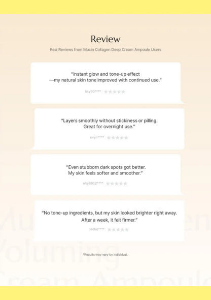A digital graphic displaying four user reviews for a muscle collagen deep cream ampoule, set against a pale peach background with yellow borders at the top and bottom.