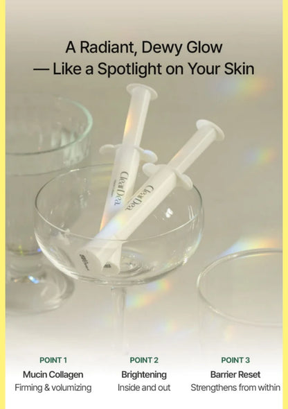 Promotional graphic for a skincare product showing two white syringe-style applicators labeled 'CeraVe' resting in a clear glass bowl, with text describing radiant dewy glow and three benefit points at the bottom.