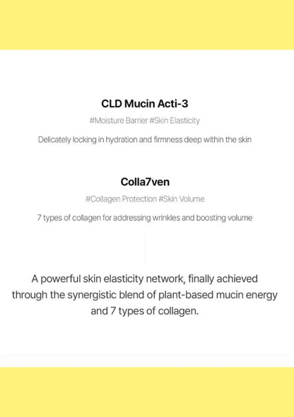 A text-based promotional graphic on a white background with yellow bands at the top and bottom. The text highlights two skincare product names: CLD Mucin Acti-3 and Colla7ven, with descriptive copy about hydration, elasticity, collagen protection, and skin volume.