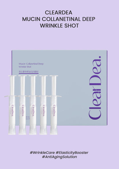 ClearDea Mucin Collagenetinal Deep Wrinkle Shot packaging on a light purple background