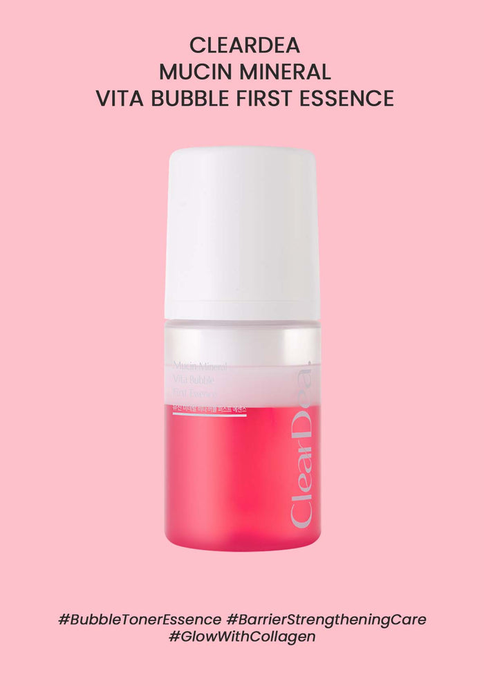 Cleardea Mucin Mineral Vita Bubble First Essence bottle on a pink background