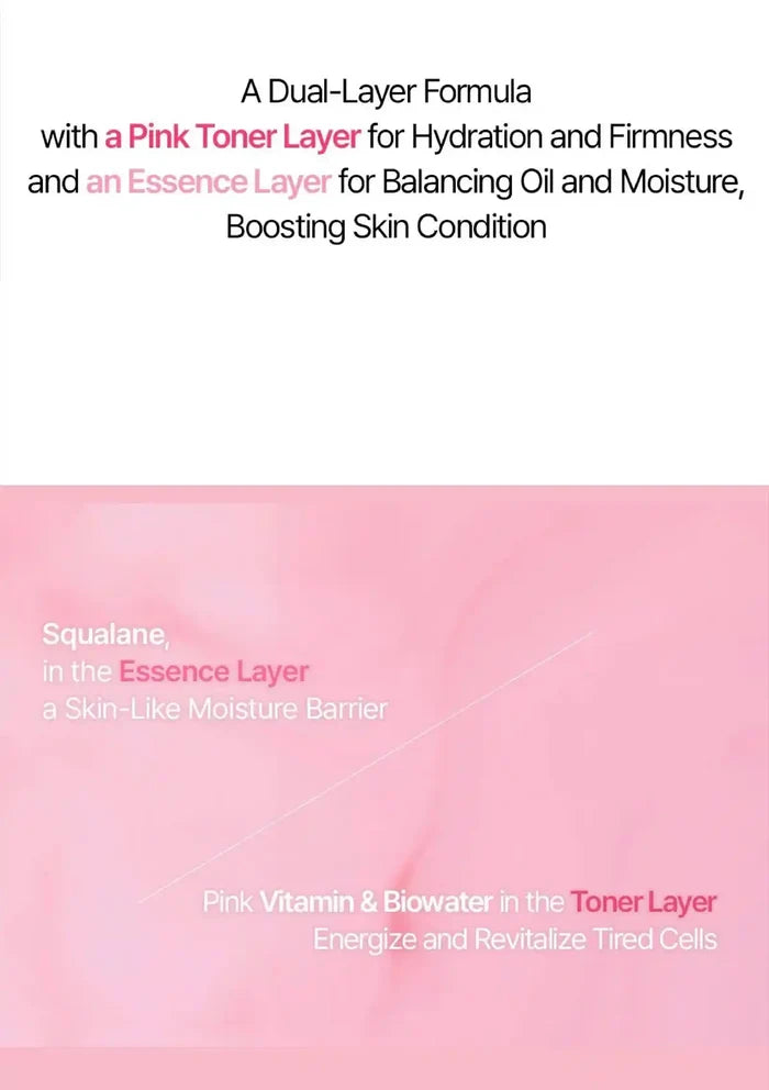 A text-heavy product graphic with a white upper section and a soft pink lower section. The text describes a dual-layer formula with a pink toner layer for hydration and firmness and an essence layer for balancing oil and moisture, boosting skin condition.
