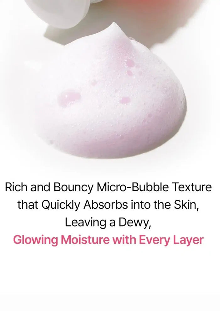 A close-up of pale pink micro-bubble foam with text below reading 'Rich and Bouncy Micro-Bubble Texture that Quickly Absorbs into the Skin, Leaving a Dewy, Glowing Moisture with Every Layer' on a white background.