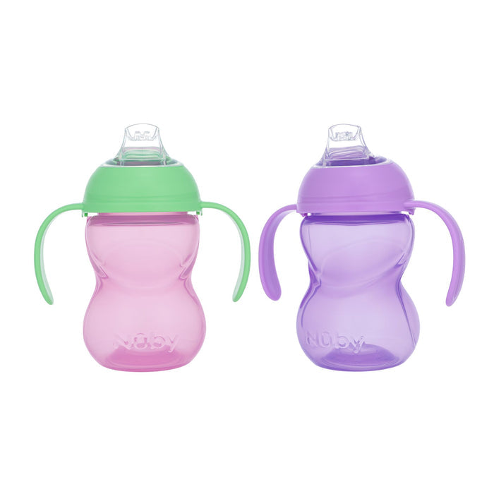Set of two Clik-It 2-Handle Sippy Cup (2 Pack) | Purple / Aqua with clear spouts, ergonomic handles, and no-spill soft spout trainer designs for easy toddler grip.