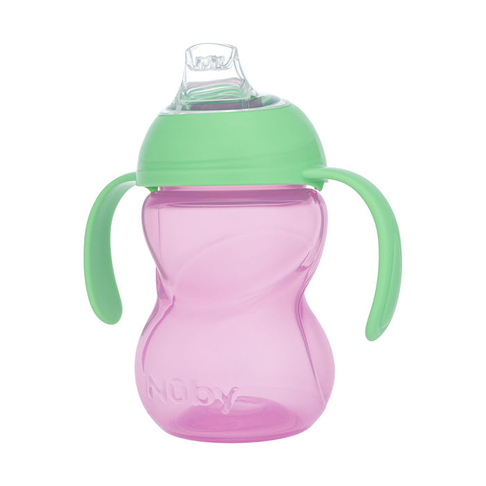 A purple and aqua Clik-It 2-Handle Sippy Cup (2 Pack) with green handles and lid, clear spout, easy-grip curved design, and the Nuby brand name embossed on the side.