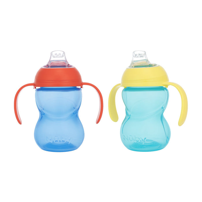 Two Clik-It 2-Handle Sippy Cup (2 Pack) | Red / Yellow with soft silicone spouts and rounded blue bodies, one with an orange lid, one yellow, sit side by side on a white background.