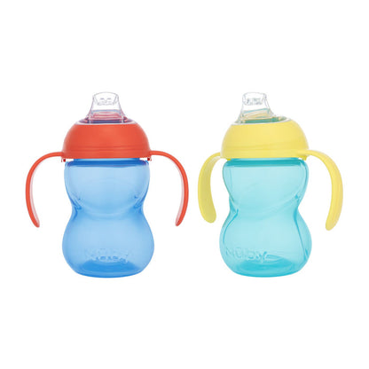 Two Clik-It 2-Handle Sippy Cup (2 Pack) | Red / Yellow with soft silicone spouts and rounded blue bodies, one with an orange lid, one yellow, sit side by side on a white background.