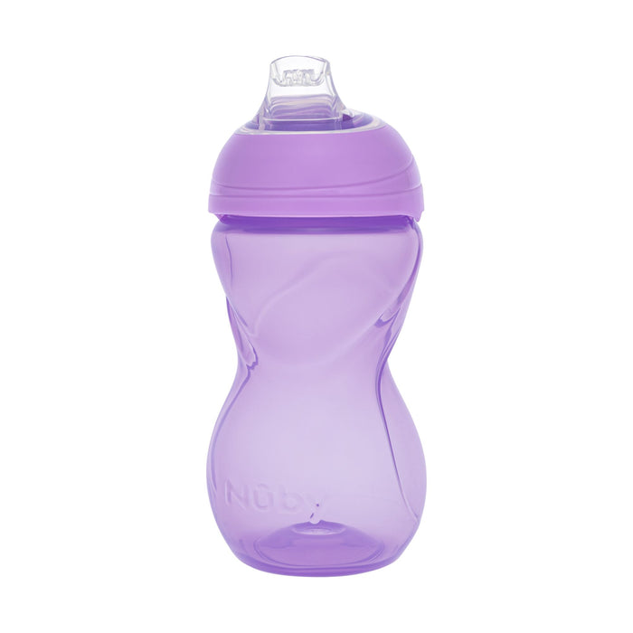 A purple Clik-It Soft Spout Sippy Cup (2 Pack) | Purple / Aqua features a no-spill silicone design, contoured shape, and clear soft spout lid with Nuby embossed near the base.