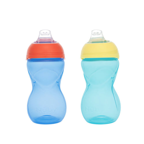 Two Clik-It Soft Spout Sippy Cup (2 Pack) | Red / Yellow, each with a curved shape and soft silicone spout, are placed side by side on a white background.