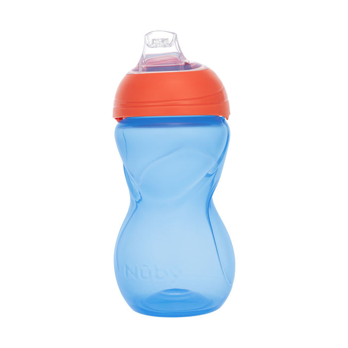 A spill-proof Clik-It Soft Spout Sippy Cup (2 Pack) | Red / Yellow has a soft silicone spout and ergonomic design for toddlers. Nuby branding is embossed near the bottom for authenticity.