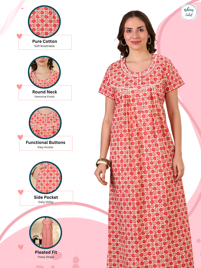 Coral Cotton Floral Nighty for Women Soft Relaxed Fit Nightwear