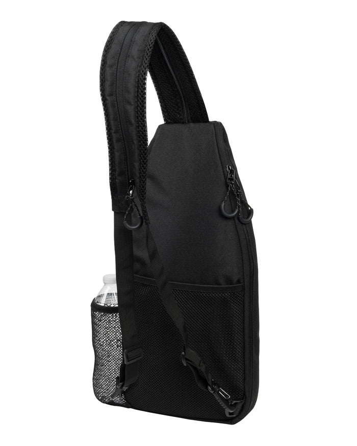 Black single-strap sling backpack with padded adjustable strap, mesh side water-bottle pocket, front double-zip pocket.