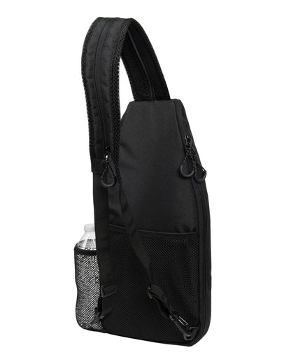 Black single-strap sling backpack with padded adjustable strap, mesh side water-bottle pocket, front double-zip pocket.