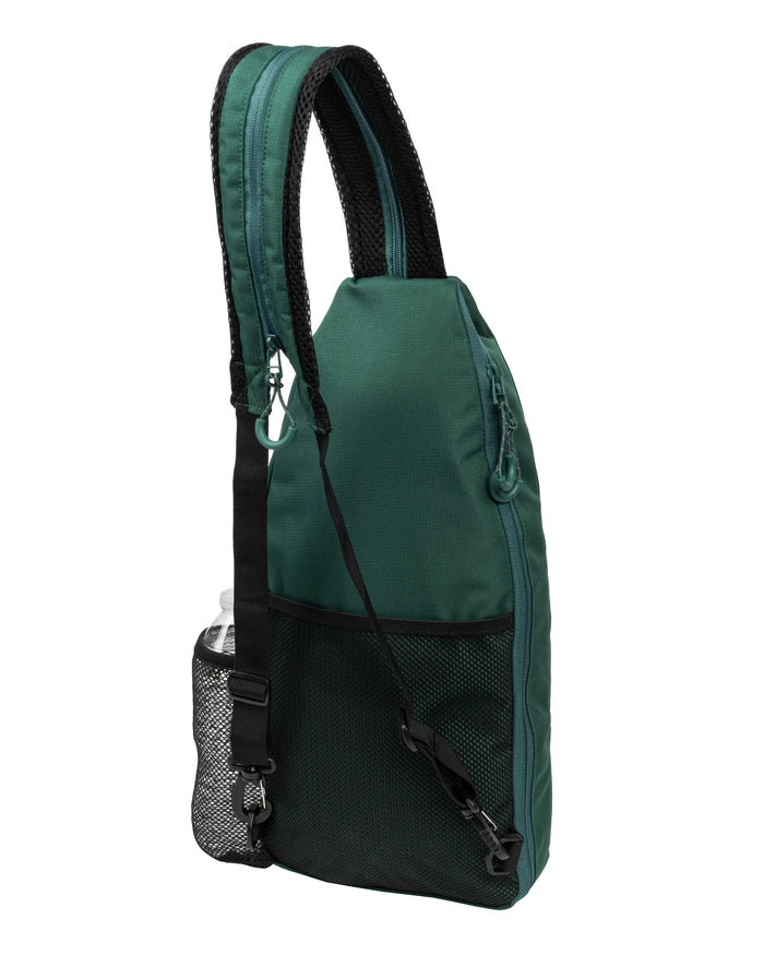 Selkirk pickleball sling bag in black, green, purple/pink, gold, red, and gray.