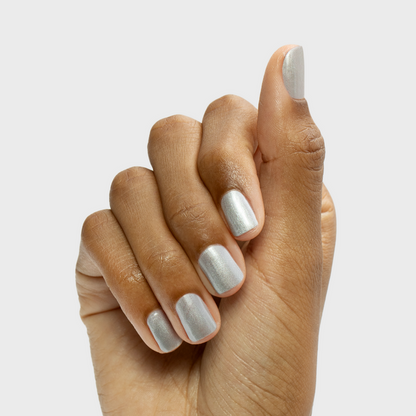 Cosmic Silver - Gel shiny metallic silver gel polish manicure on short natural nails by Olive and June