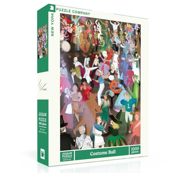 The Costume Ball | 1,000 Piece Jigsaw Puzzle by New York Puzzle Company features a vibrant costumed crowd illustration on the box. Made in the USA.