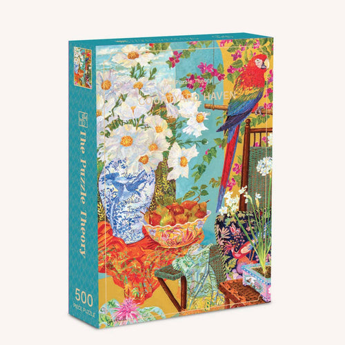Experience the Courtyard Haven | 500 Piece Jigsaw Puzzle by The Puzzle Theory—a vibrant jigsaw featuring a parrot, white flowers, ornate vases, and fruit set on a patterned tablecloth. Made from premium recycled materials, it’s an eco-friendly choice for puzzlers who appreciate both beauty and challenge.