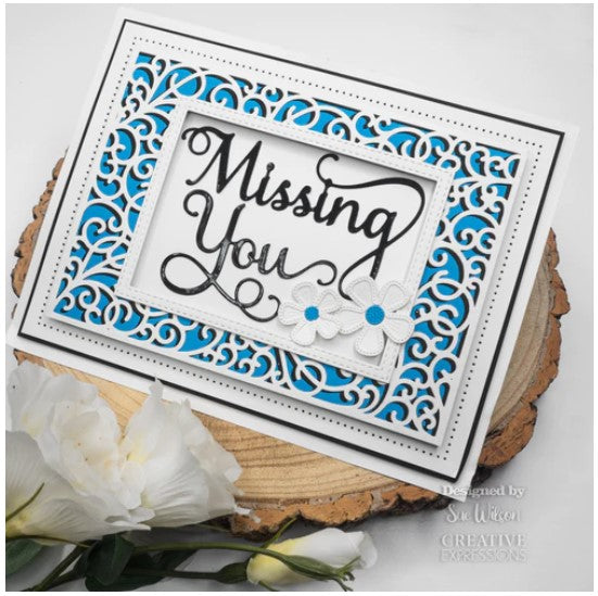 Creative Expressions - Sue Wilson Dies - Noble Shadowed Sentiment - Missing You. Bold curly text in a good size the dies will add a great finishing touch to a card or as a main feature. Available at Embellish Away located in Bowmanville Ontario Canada. Card by brand ambassador.