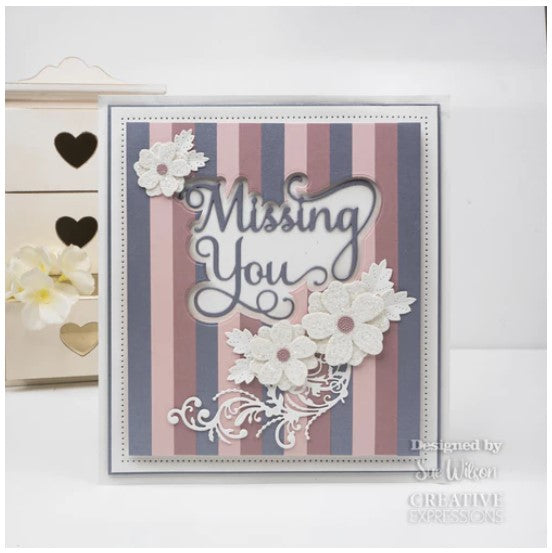 Creative Expressions - Sue Wilson Dies - Noble Shadowed Sentiment - Missing You. Bold curly text in a good size the dies will add a great finishing touch to a card or as a main feature. Available at Embellish Away located in Bowmanville Ontario Canada. Card by brand ambassador.